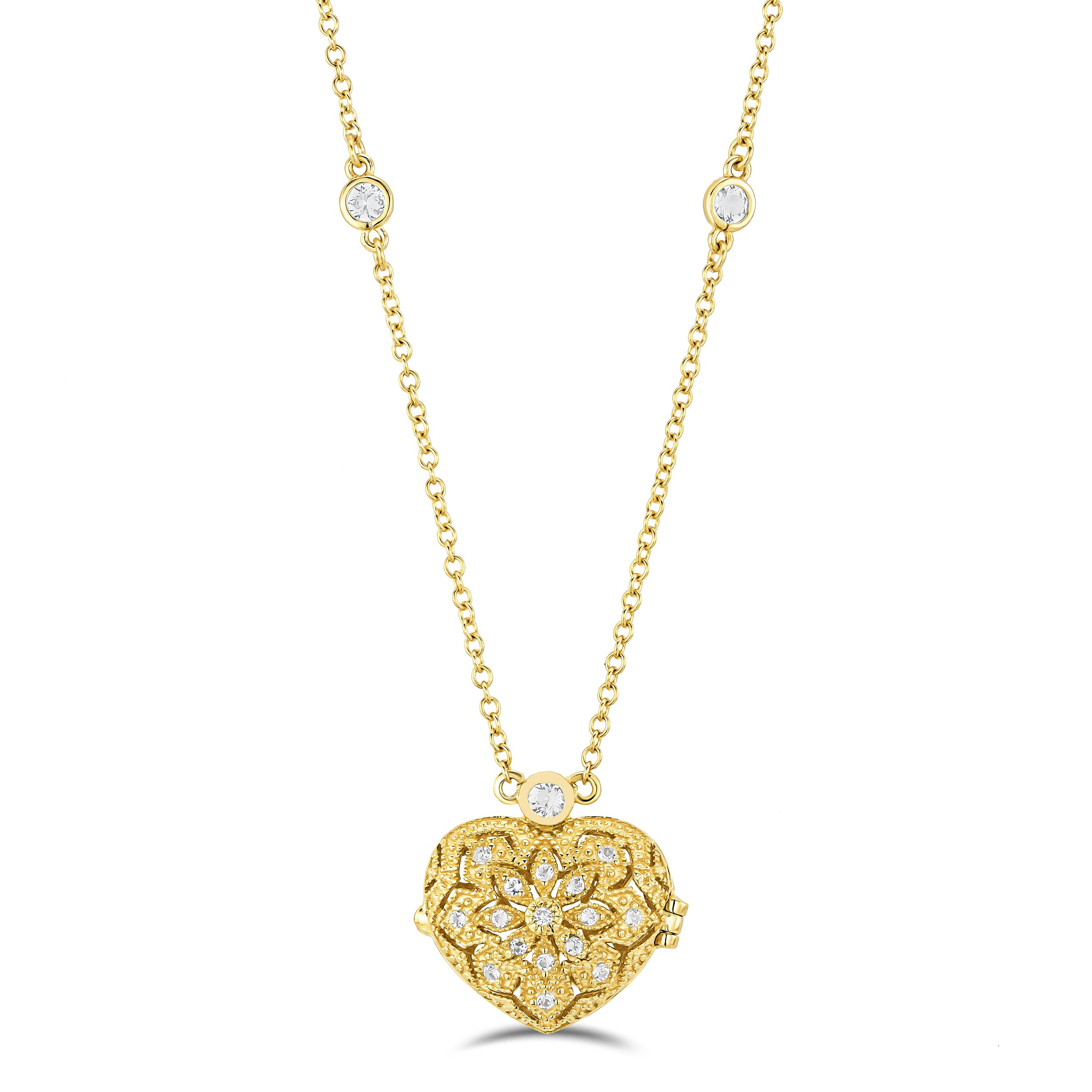 Vintage Heart Locket Lab Diamond Necklace White Topaz in 18K Gold Vermeil